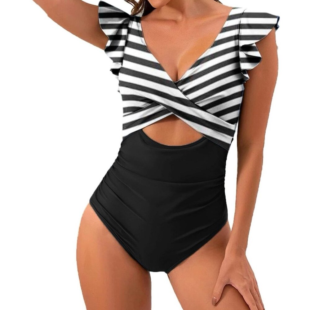 NWT B2Prity Womens Black & White Cutout Ruffle One-Piece Swimsuit Size‎ Medium